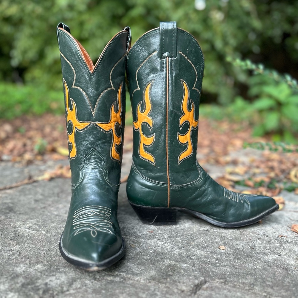 Men’s Size 8.5 D - Nocona Vintage Cowboy Western Boots Dark Green Yellow Inlays